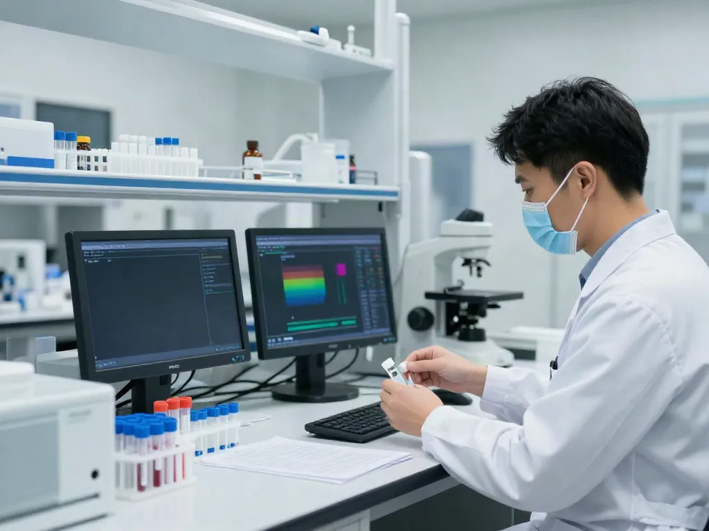 Laboratorios Chihuahua: técnico en laboratorio clínico manejando muestras y equipos de análisis.