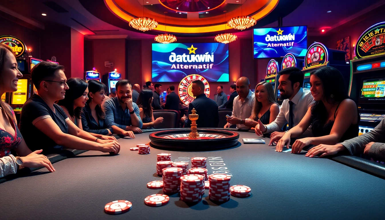 Adegan permainan poker yang mendebarkan dengan Datukwin Alternatif di layar digital dan suasana mewah.