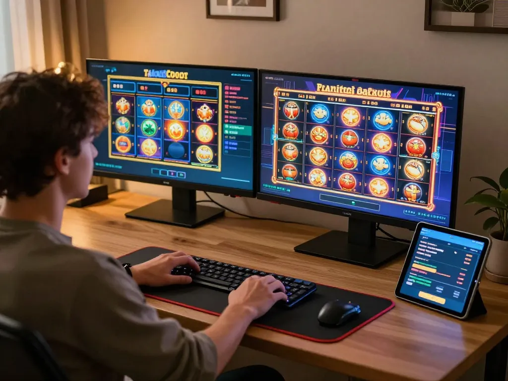 Engaging online player with multiple screens showcasing the latest link slot gacor games in a cozy home setup