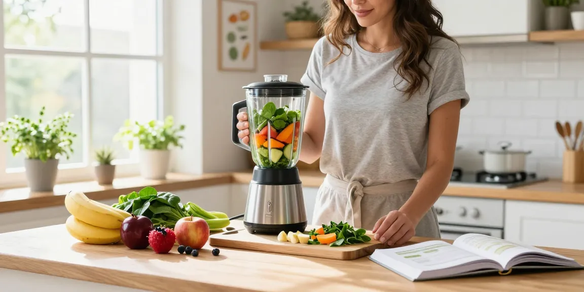 Health tips: Woman making a smoothie with fresh fruits and vegetables in a bright kitchen.