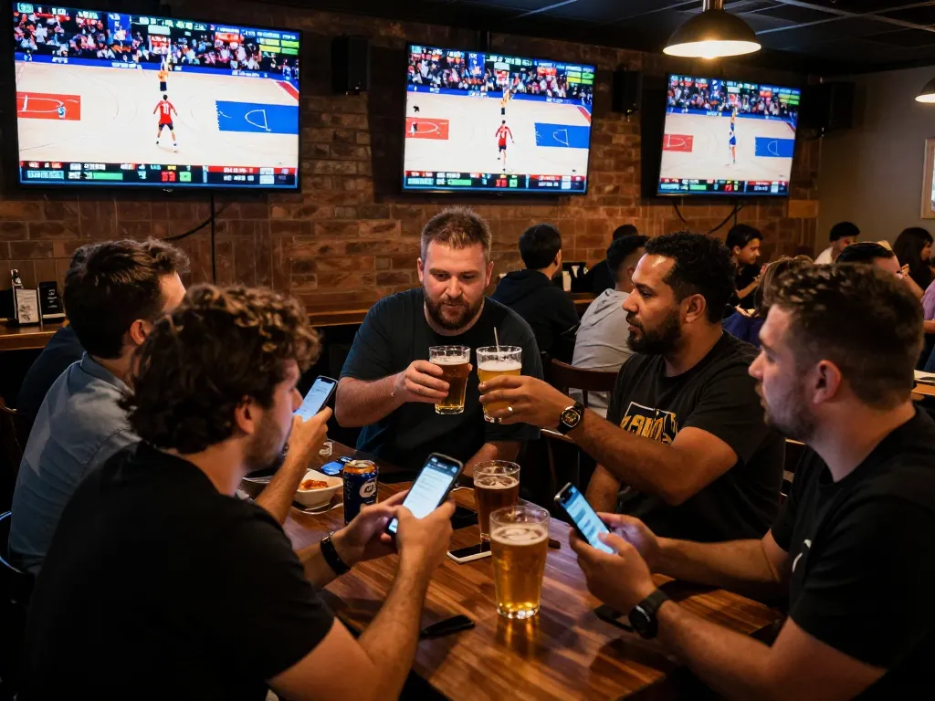 KQBD sports betting enthusiasts engaged in live betting during a thrilling basketball match.