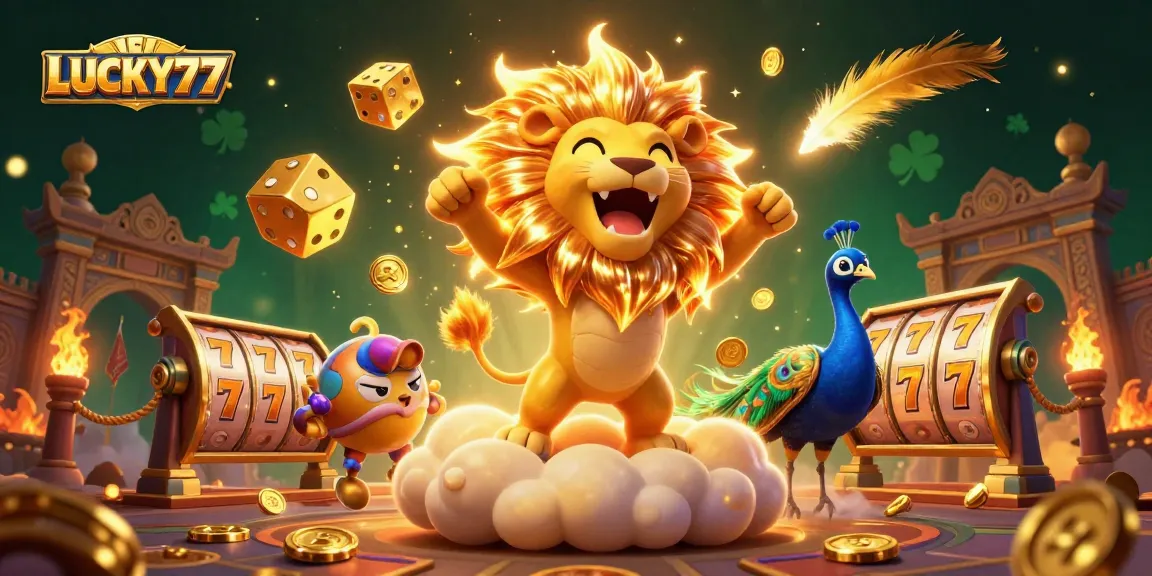 Engage with LUCKY77's thrilling 3D casino adventure featuring a roaring lion and dynamic slot elements.