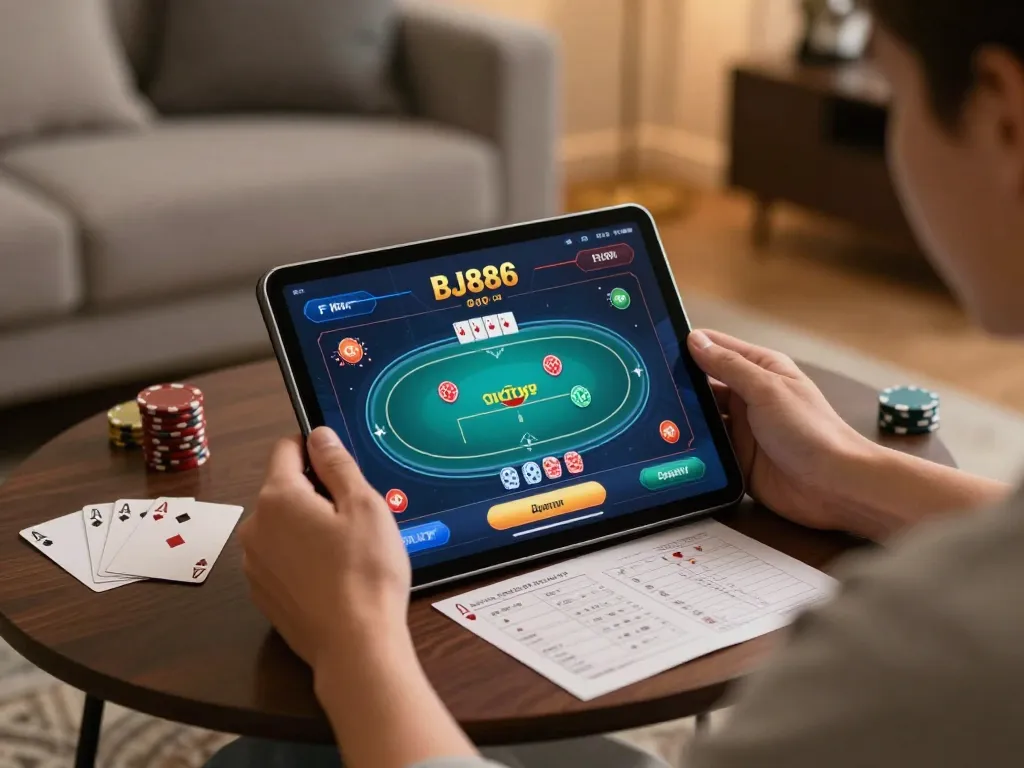 Engaging with the bj886 poker interface on a tablet at home, highlighting responsible gaming.
