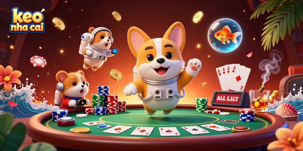 Engage with keo nha cai in this vibrant casino scene where an astronaut corgi floats amidst poker chips and gold coins.