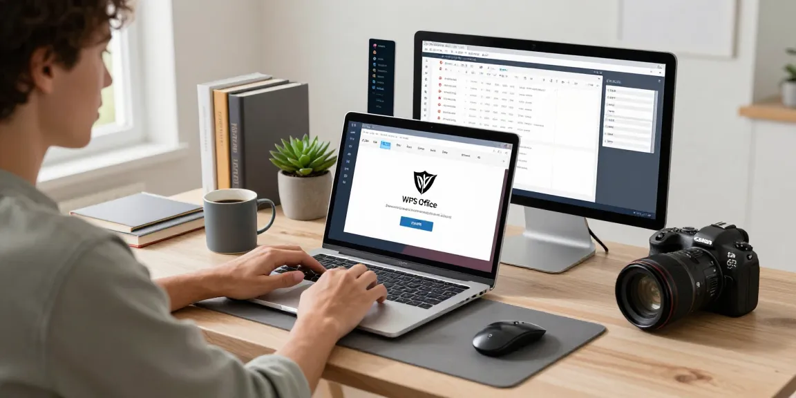 Download WPS Office in a modern home office with laptop and productivity tools.
