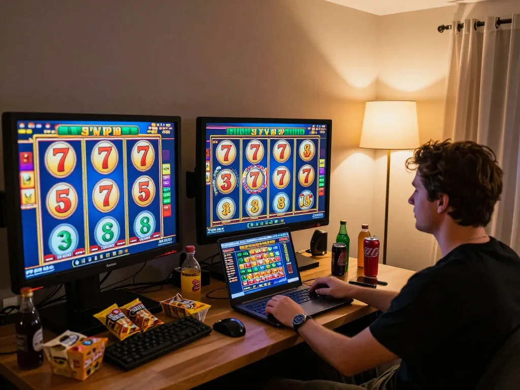 Playing exciting slot77 games at home with colorful slot machines and engaging graphics
