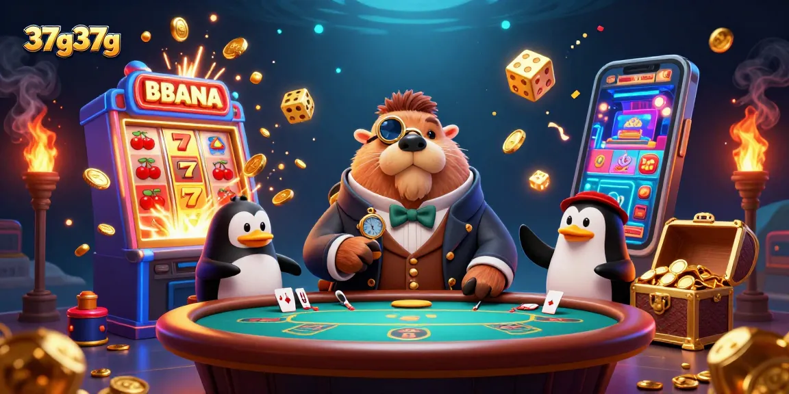 Engage in thrilling gameplay at 37g37g with a cartoon walrus and penguin dealer at a vibrant poker table.