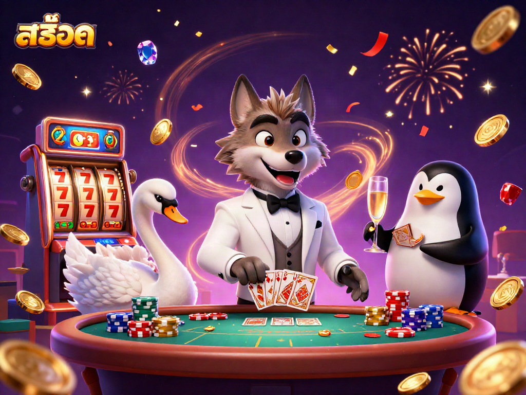 Spin the reels for jackpots at สล็อต with an elegant wolf, swan, and penguin in a lavish scene.