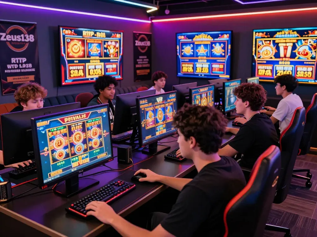 Exciting gaming environment showcasing players engaging with slot games on Zeus138, highlighting community interaction and vibrant atmosphere.