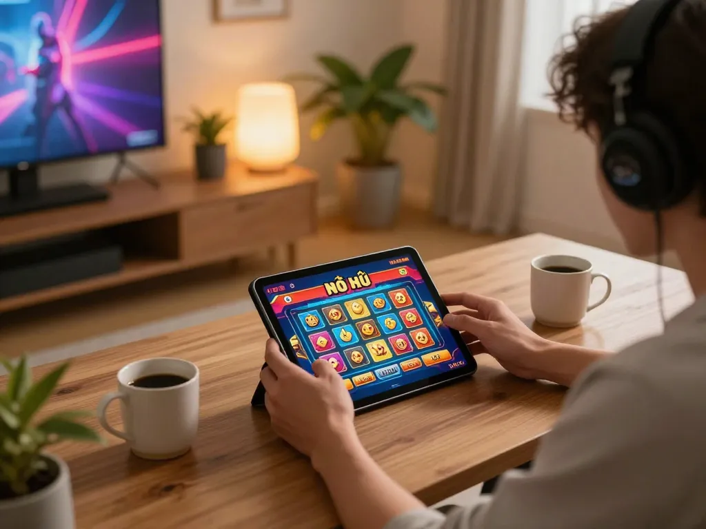 Engaging gameplay of nổ hũ on a tablet, featuring colorful jackpot symbols in a cozy setting