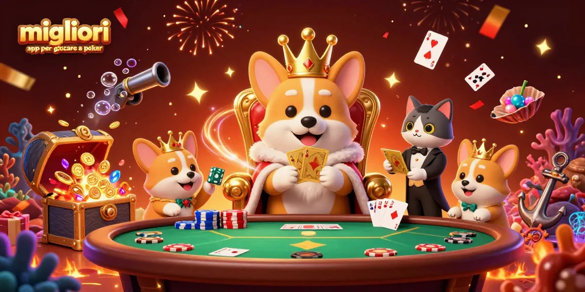 Migliori app per giocare a poker, divertiti sui tavoli con chip e mani reali in un'illustrazione festosa.