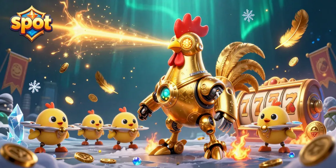 Slot menarik dengan robot ayam emas futuristik di arena penuh koin dan simbol buah.