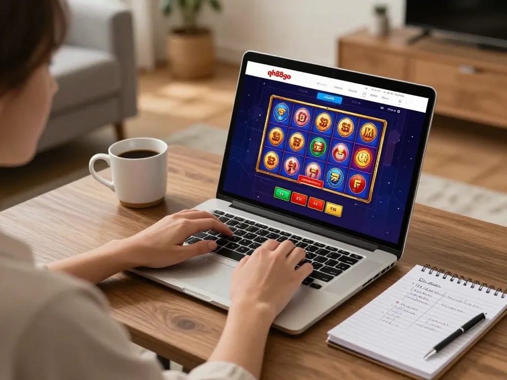 Player exploring qh88go online casino on a laptop in a cozy home setup.