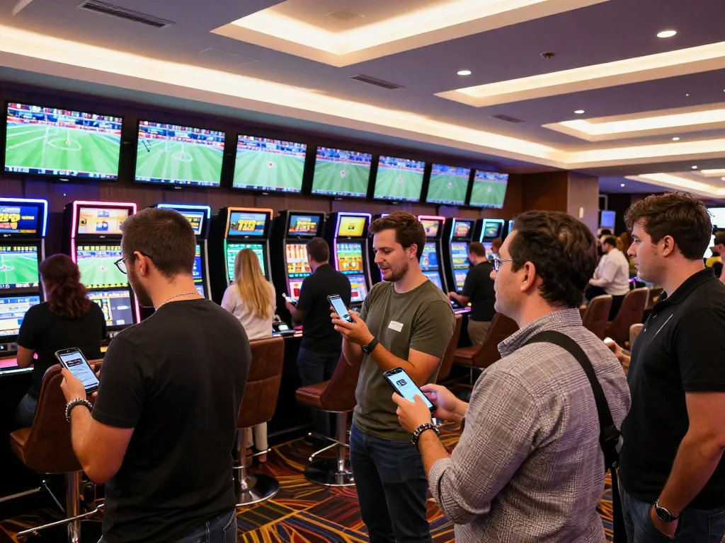 Engaged bettors placing wagers on the 789club app in a vibrant sports betting area.