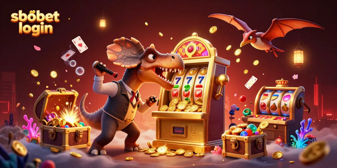 sbobet login action as a dinosaur interacts with a golden slot machine, surrounded by casino elements