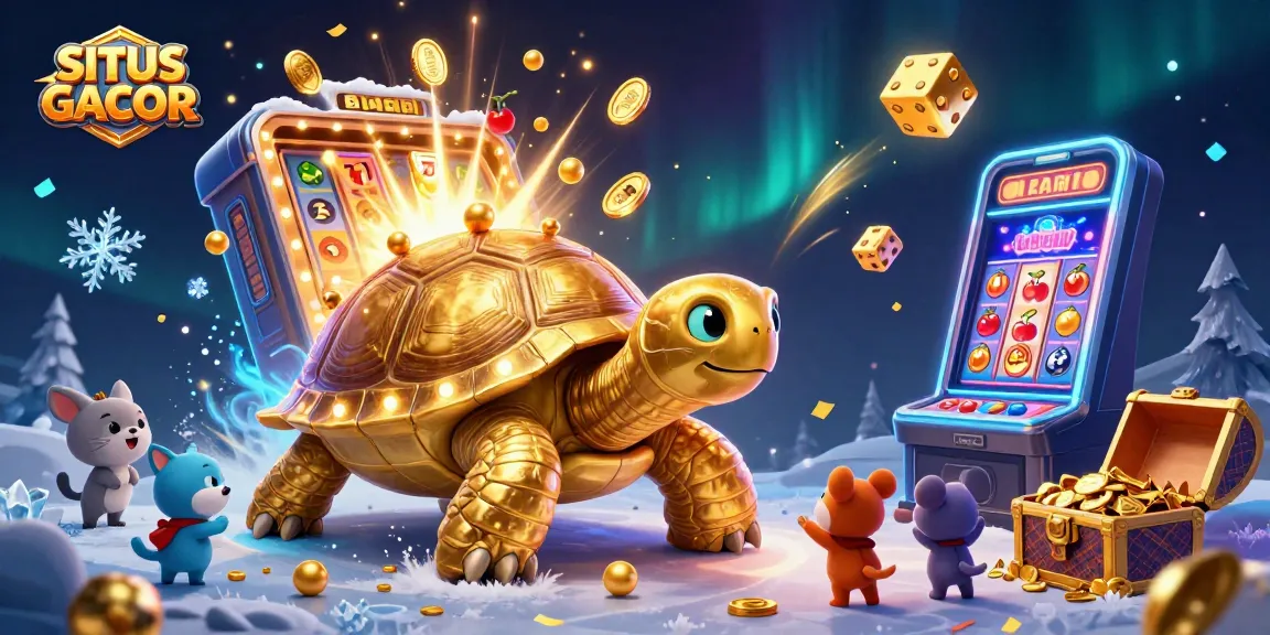 SITUS GACOR showcases a vibrant 3D illustration of a golden tortoise slot machine thrilling players with jackpots and fun.