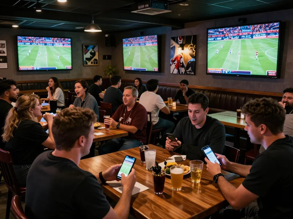 FC88 sports enthusiasts placing bets in a lively sports bar during a major event.