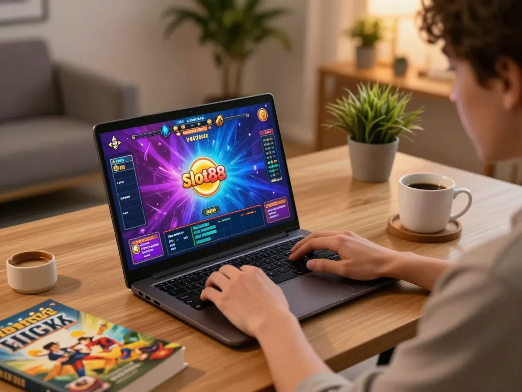 Engaging with slot88 game interface on a laptop in a cozy home gaming setup