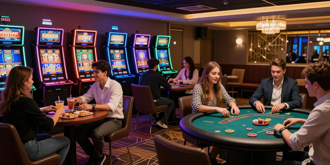Scène de jeu de casino en ligne avec des amis profitant des machines à sous et du poker, atmosphère vibrante.