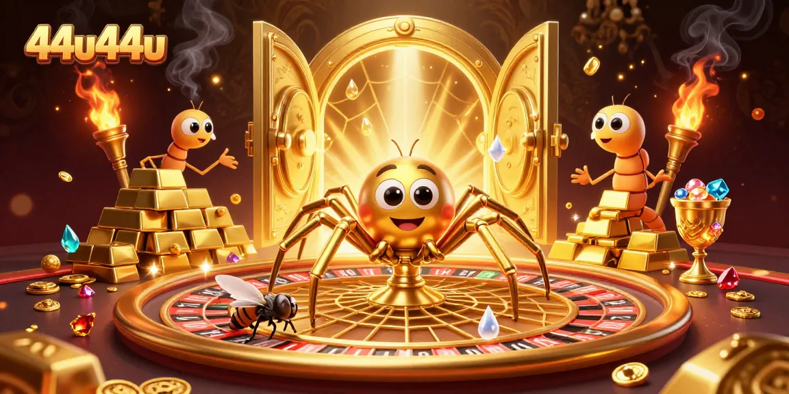 Bet at 44u44u with a golden spider and centipede dealer weaving winning strategies in a vibrant casino.