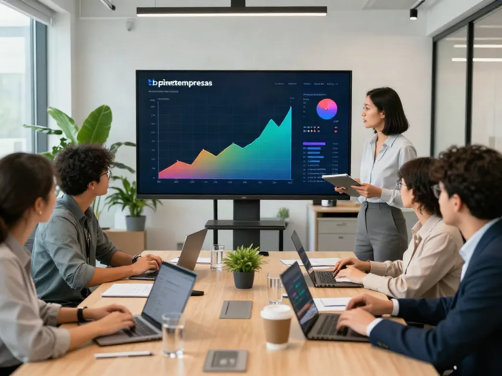 Team collaborating on financial strategies in a modern office featuring bpinetempresas solutions.