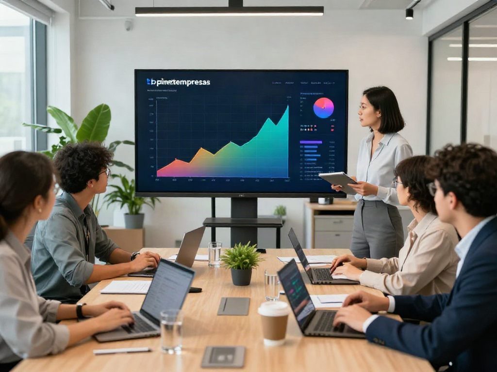 Team collaborating on financial strategies in a modern office featuring bpinetempresas solutions.
