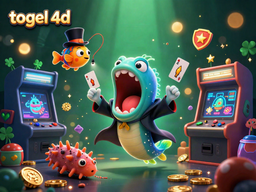 Engaging 3D scene of a gulper eel performing card tricks within a vibrant togel 4d gaming environment, surrounded by playful characters.