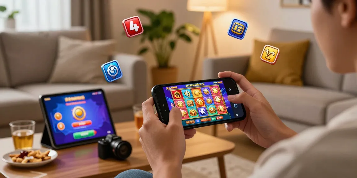 Pengguna bermain apk slot di smartphone dengan lingkungan santai, menampilkan pengalaman gaming yang menarik.