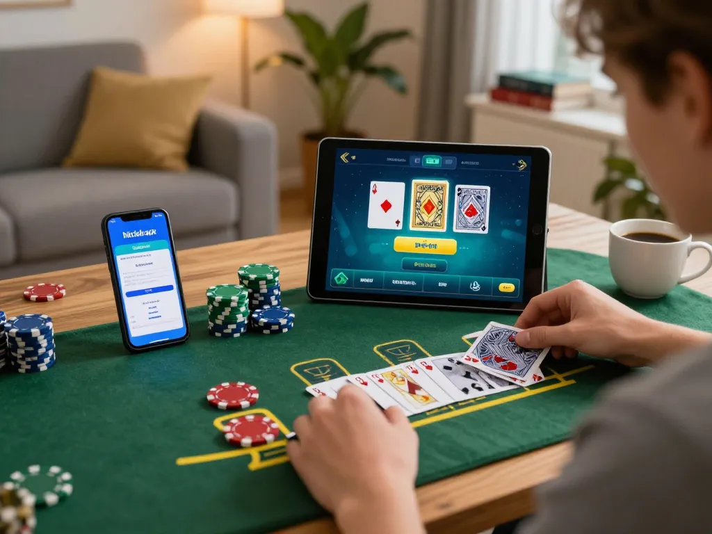 Engaging in online blackjack gameplay using the hitclubapk app on a tablet while relaxing at home