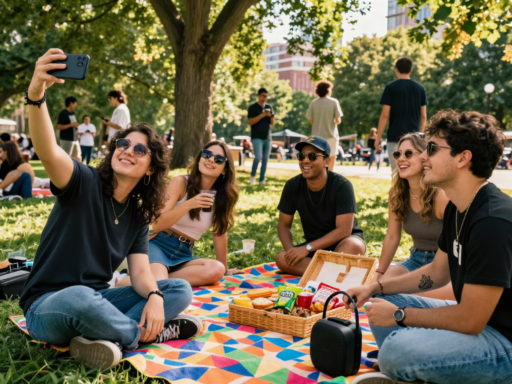 Outdoor scene of friends enjoying an attractive test at a park, capturing joyful moments in a lively atmosphere.