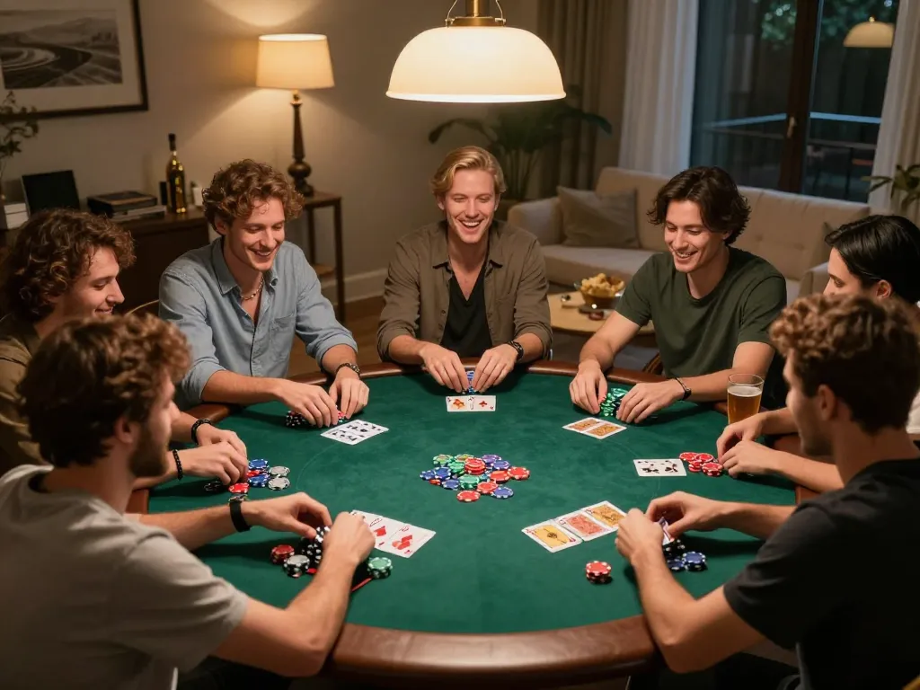 Friends playing poker at home with chips and cards visible, showcasing festive atmosphere at TG88 gaming.