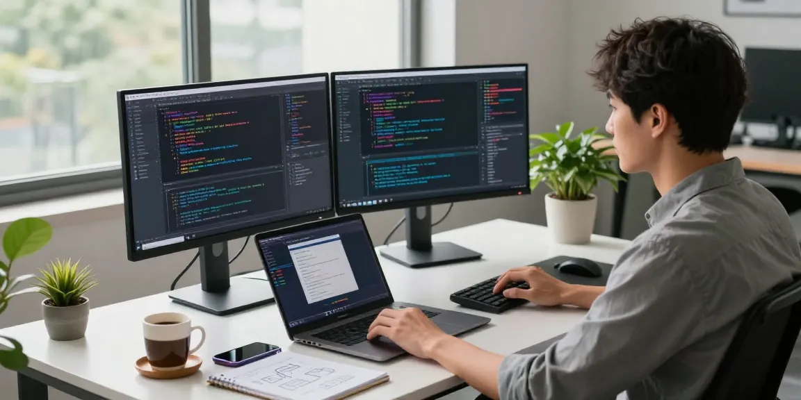 Workspace of a software developer coding on dual monitors, featuring 纸飞机中文版 design tools and project updates in a modern office.