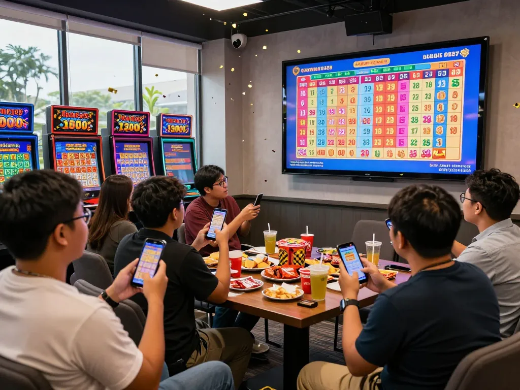 Togel Hongkong live draw excitement in a gaming lounge with players celebrating wins and viewing tickets.