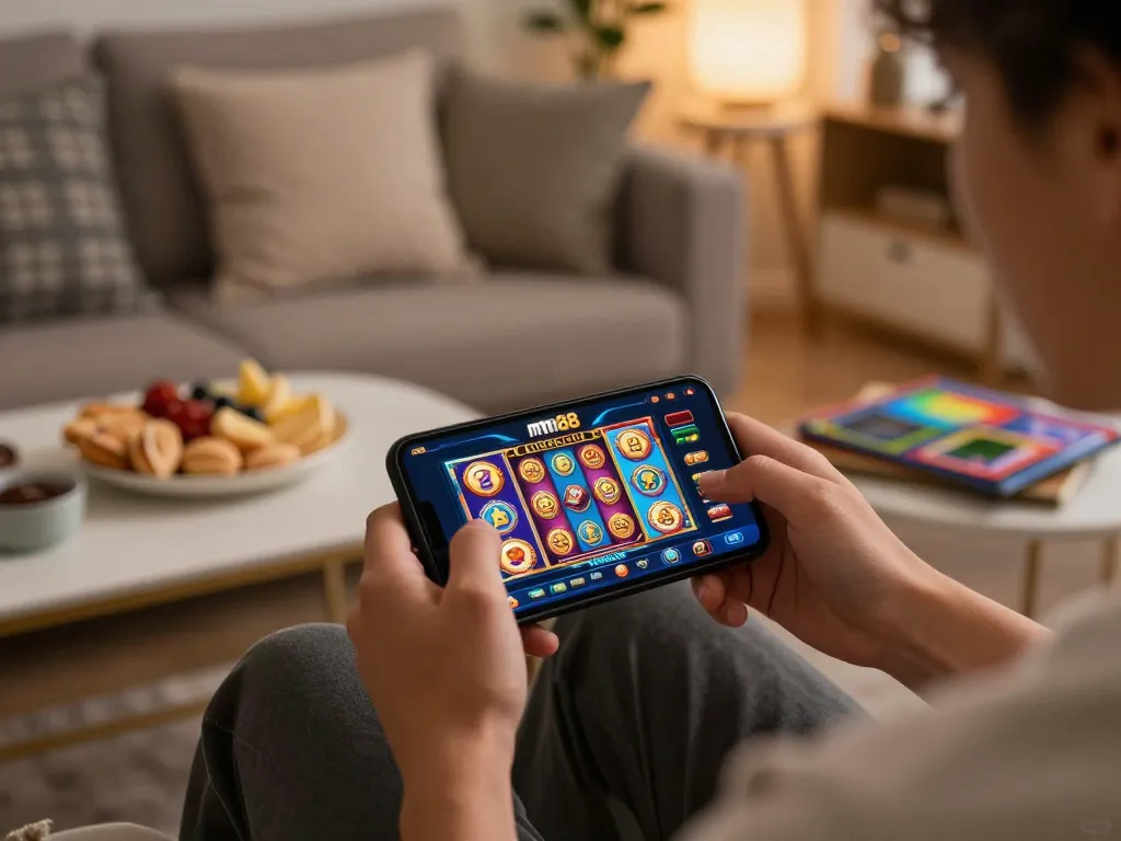 Experience the excitement of mm88 gaming through mobile play at home with vibrant casino graphics.