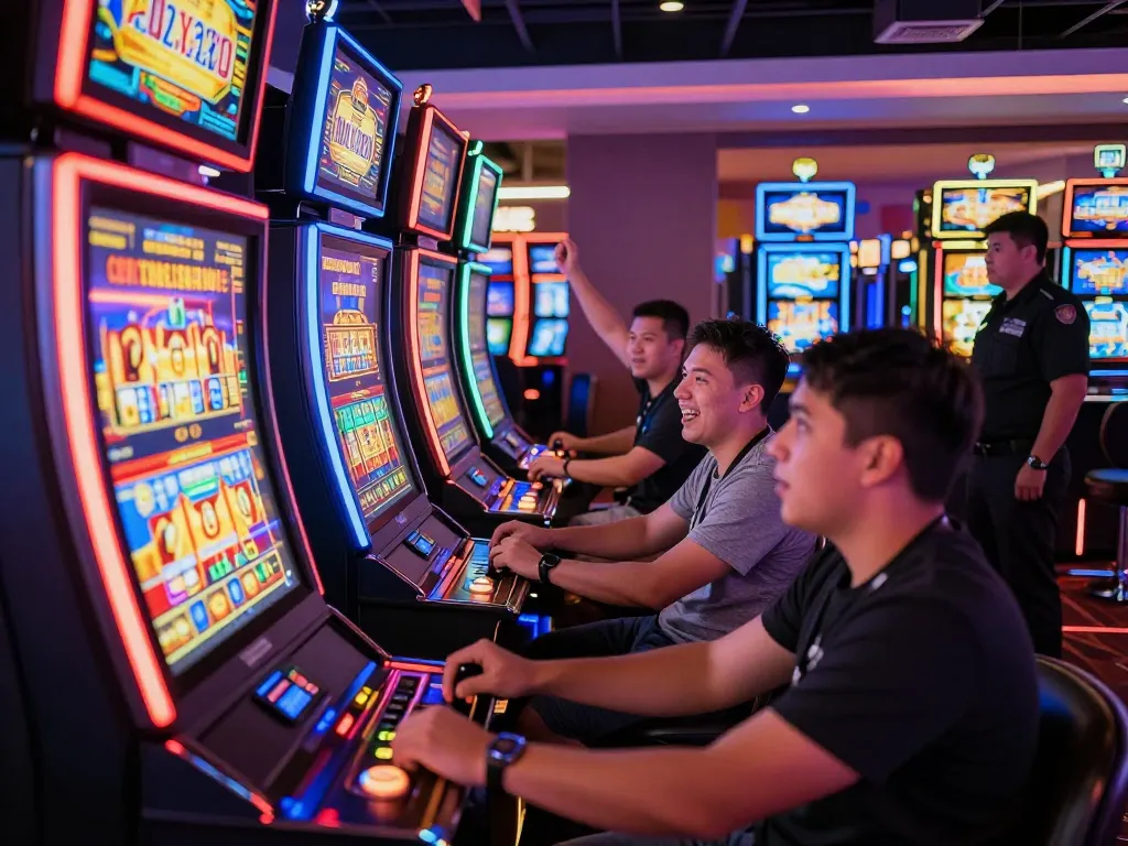 Players enjoying thrilling slot machine games in a vibrant casino atmosphere.