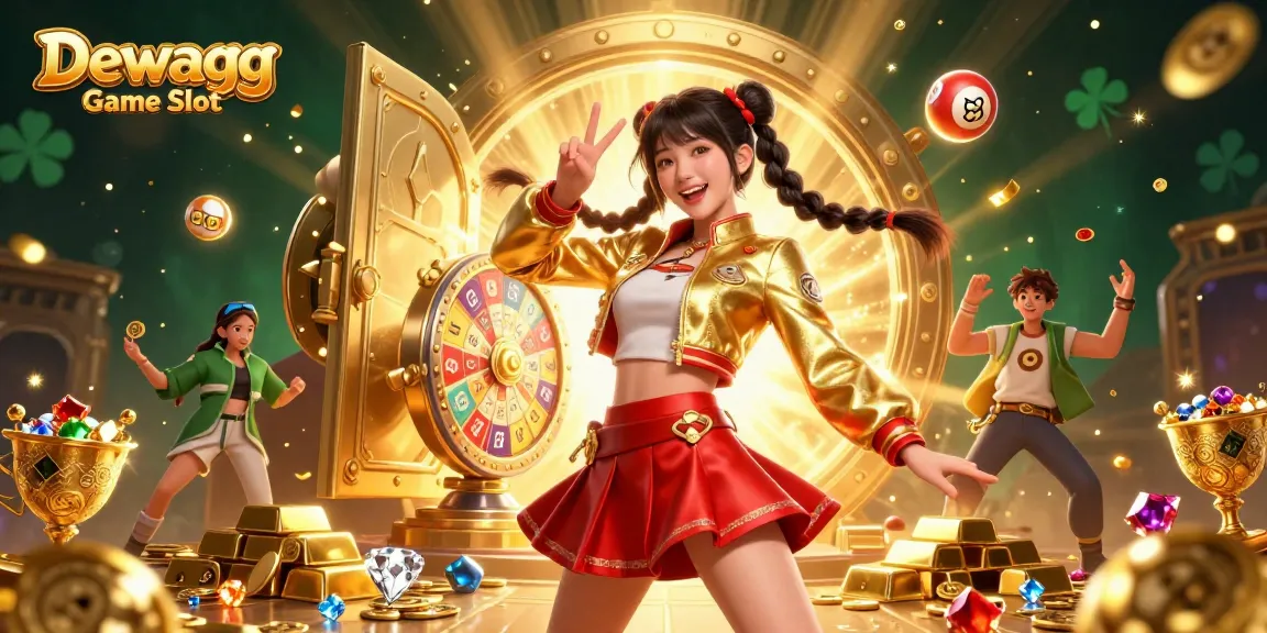 Dewagg Game Slot offers vibrant excitement with energetic Asian characters amidst treasure and vibrant casino elements.