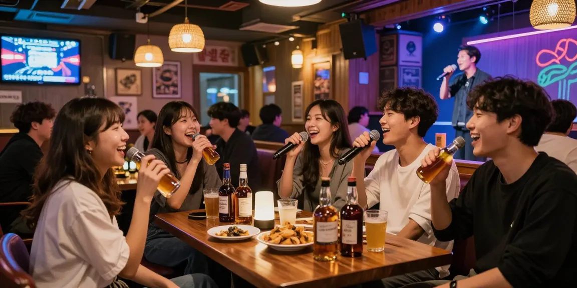 Exciting 제주유흥 nightlife experience in a karaoke bar with friends, neon lights, and whiskey.
