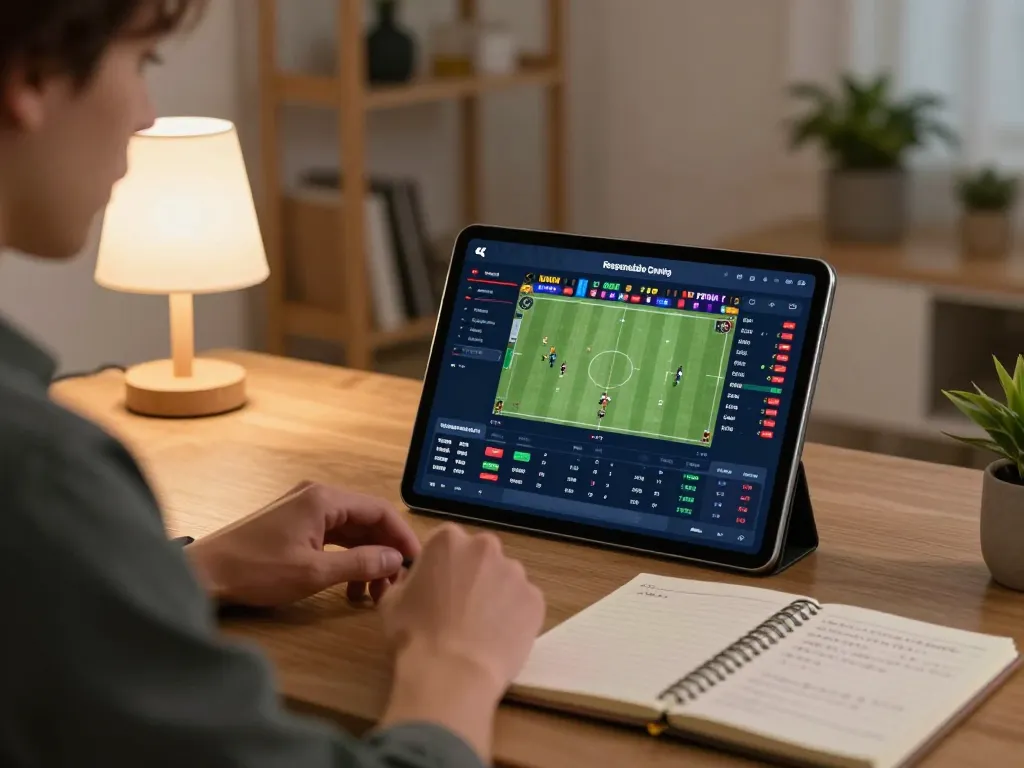 Lựa Chọn Thay Thế Nowgoal Goaloo with a person engaging in live sports betting on a tablet in a cozy home atmosphere.