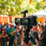 Capturing on-site videography footage of an outdoor event with vibrant energy.