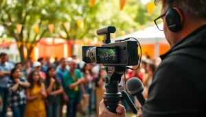Capturing on-site videography footage of an outdoor event with vibrant energy.