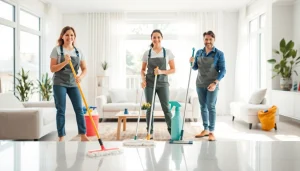 Efficient cleaning service team transforming a bright modern home with sparkling results.