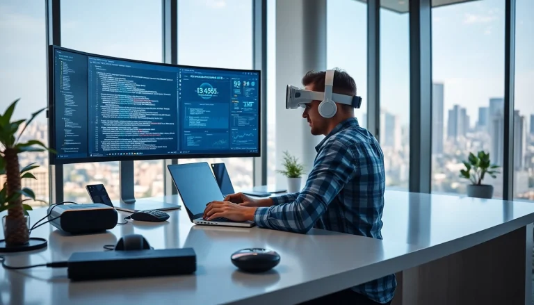 Engage with Technology in a modern workspace filled with advanced gadgets and vibrant lighting.