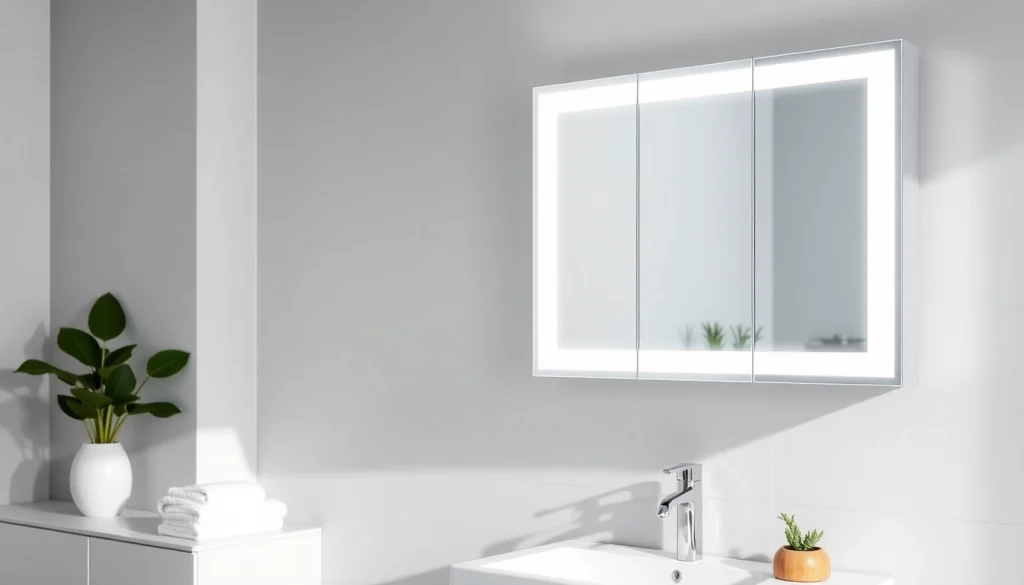 Praktischer spiegelschrank led im modernen Badezimmer mit eleganter Beleuchtung.