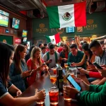 Engaged bettors experiencing sports betting in Mexico in a lively sports bar atmosphere.