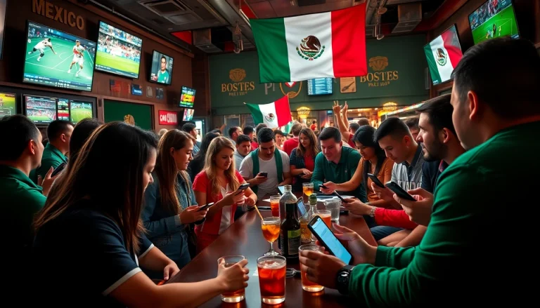 Engaged bettors experiencing sports betting in Mexico in a lively sports bar atmosphere.