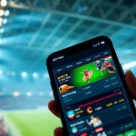 Engaging scene of sports betting sites India interface on smartphone amidst a vibrant sports atmosphere.