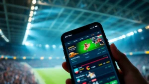 Engaging scene of sports betting sites India interface on smartphone amidst a vibrant sports atmosphere.