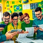 Engaged bettors exploring the best sports betting sites in Brazil, showcasing digital devices and culture.