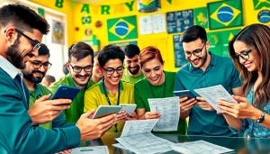 Engaged bettors exploring the best sports betting sites in Brazil, showcasing digital devices and culture.