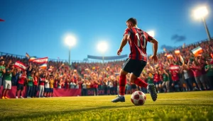 축구중계 중 열정적인 축구선수가 공을 드리블하는 모습